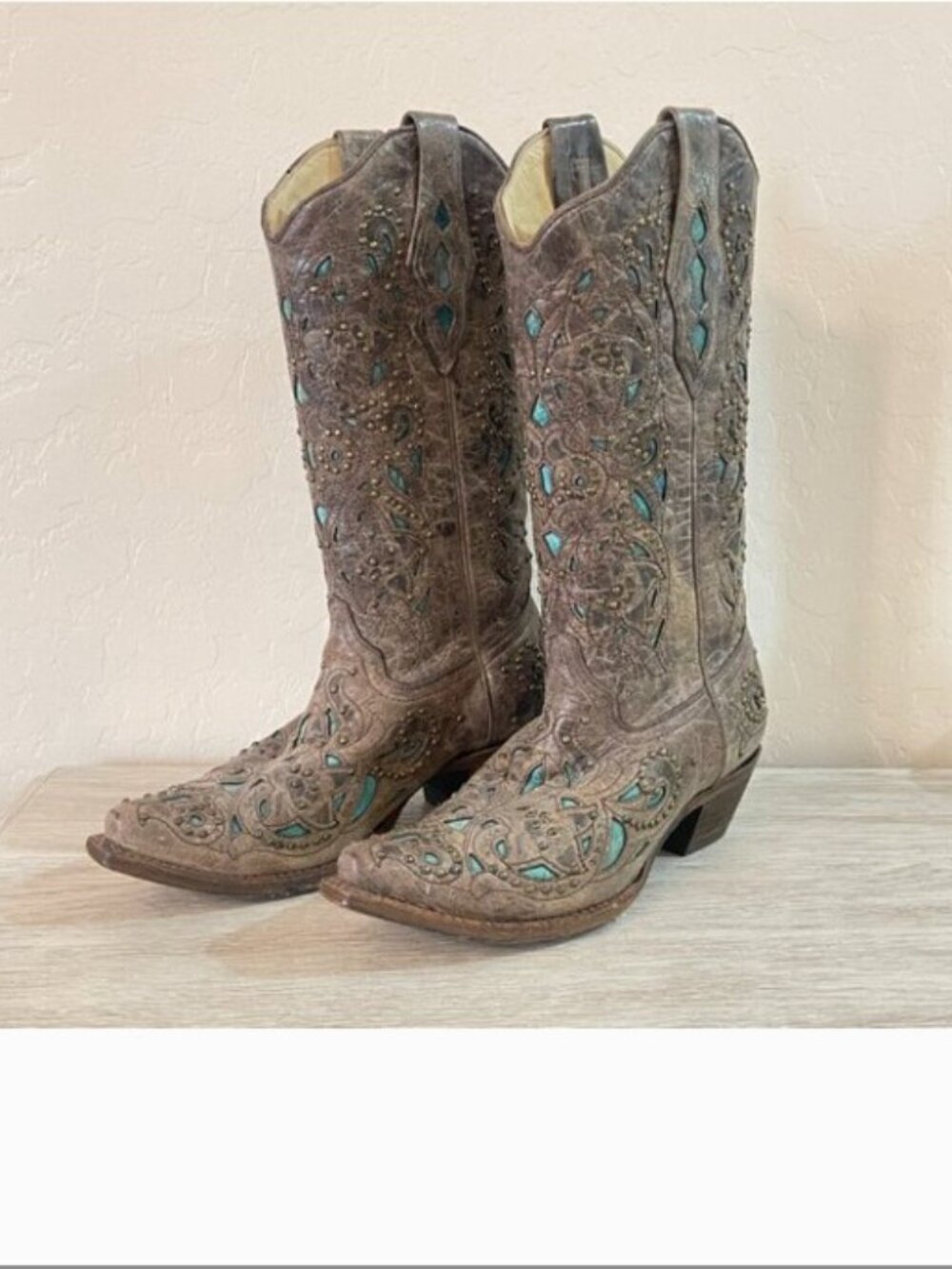 Corral Boots 6.5 Brown Stud Turquoise Blue Inlay A1099 Cowgirl Cowboy Western